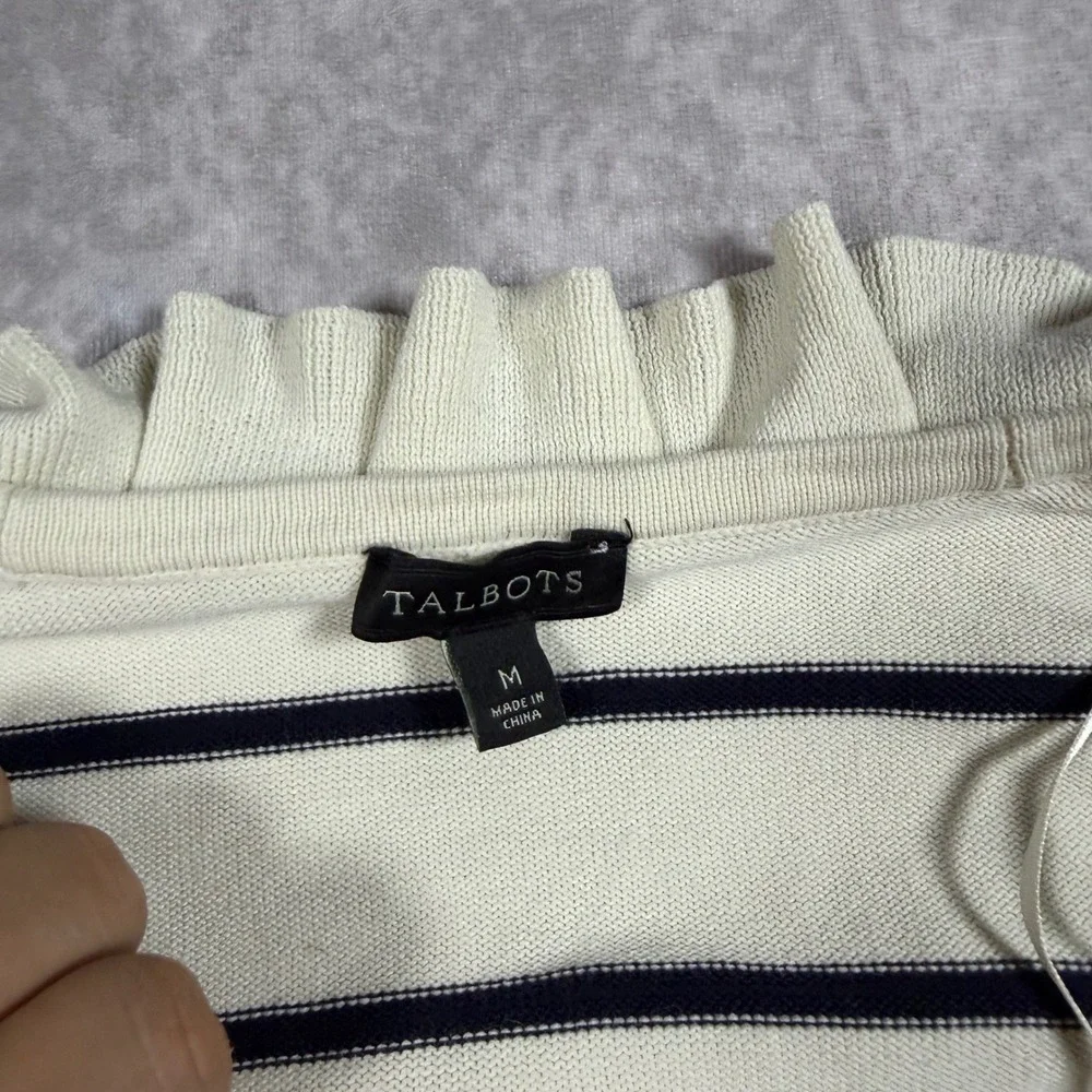 Talbots Cardigan Sweater Women M Ivory Navy Striped Ruffle Open Front Balletcore